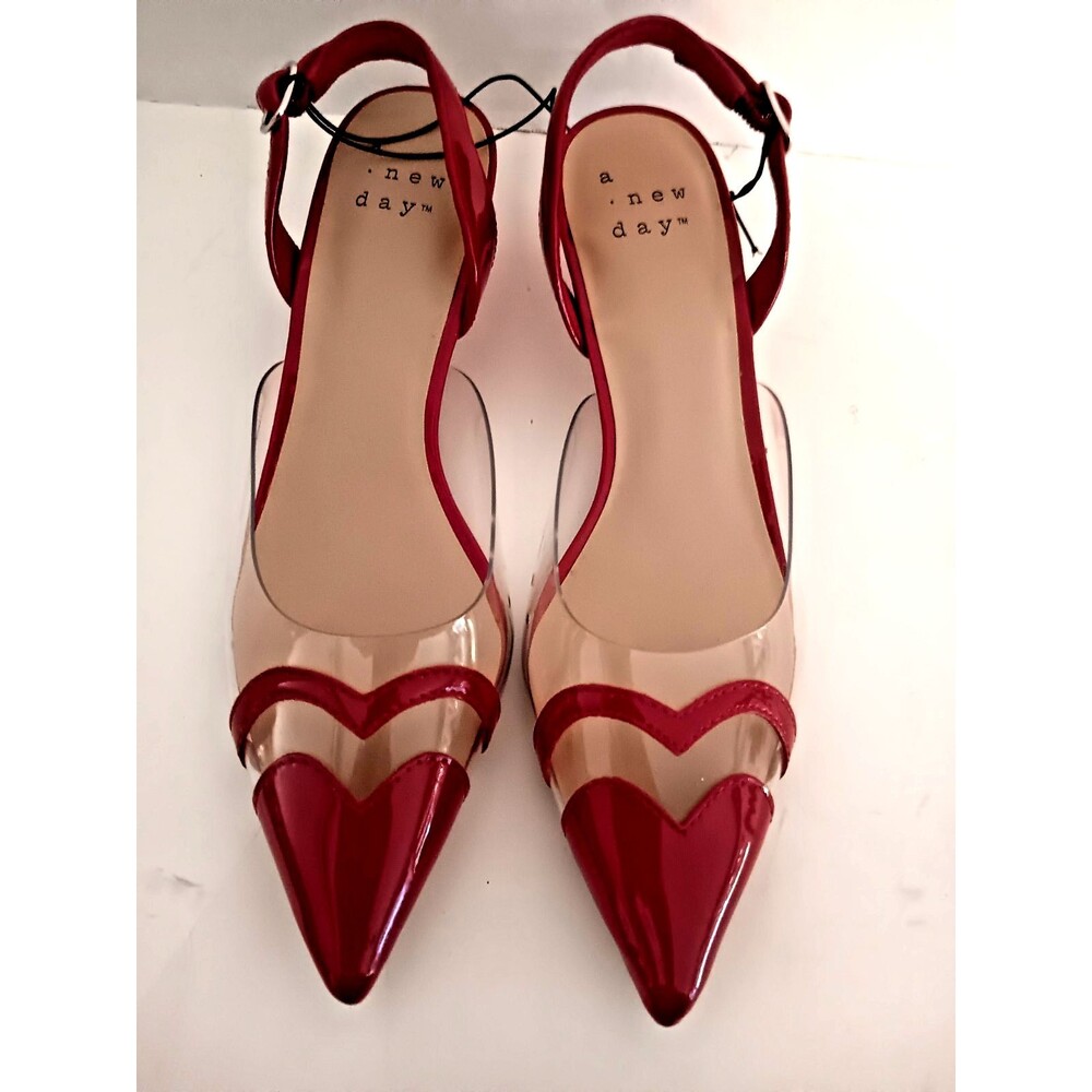 A New Day  Eleanor Heart Sz 7 Kitten Heels Clear Slingback Red NEW